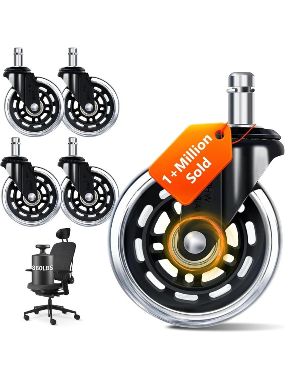 Set of 5 Silent Office Chair Wheels - 3” Transparent Black, PU, Safe for